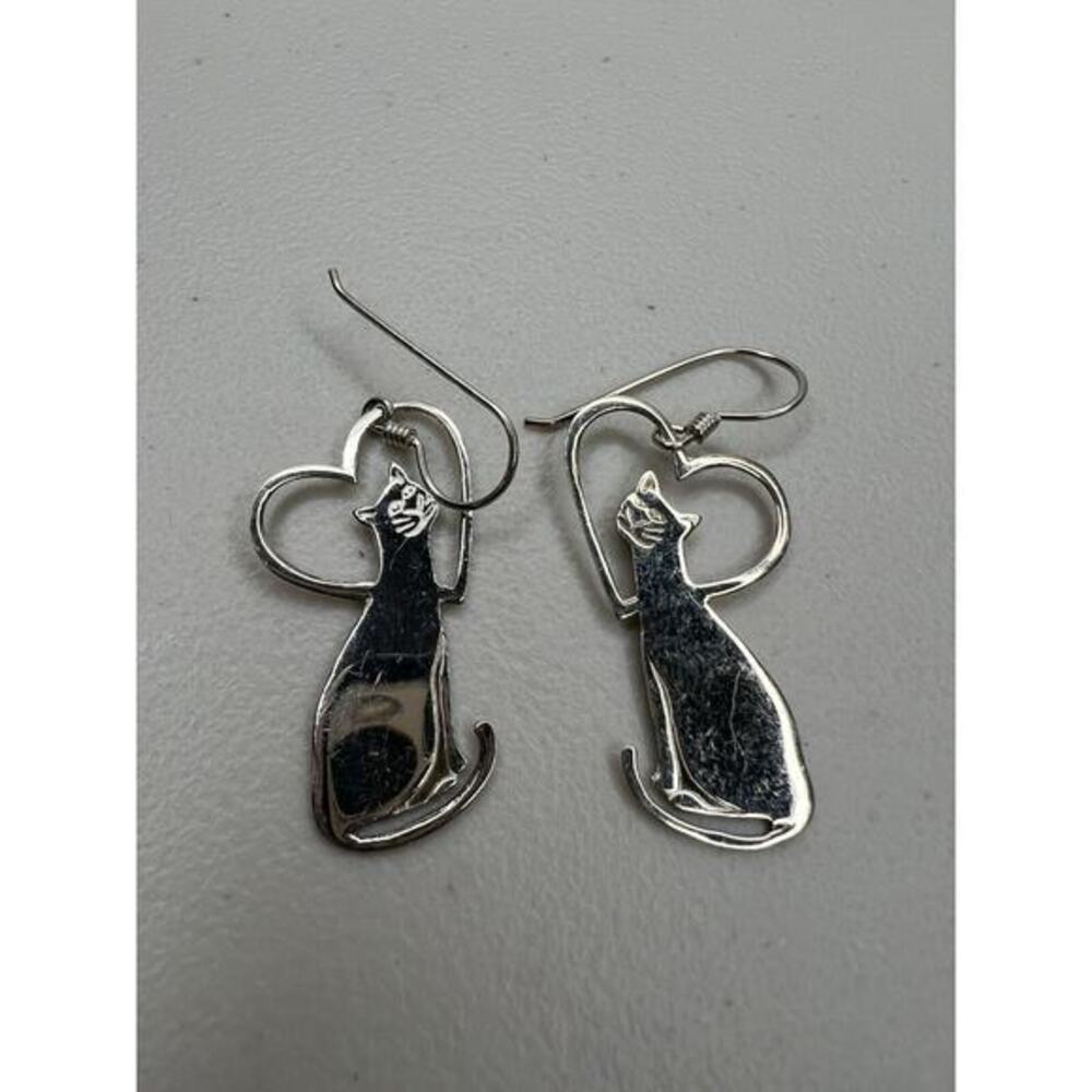 Sterling Silver Cat Heart Drop Earrings Hooks Animal Pet Lover Jewelry